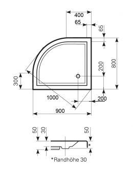 Viertelkreis Duschwanne 90x80 Radius 50 cm KOMPLETT